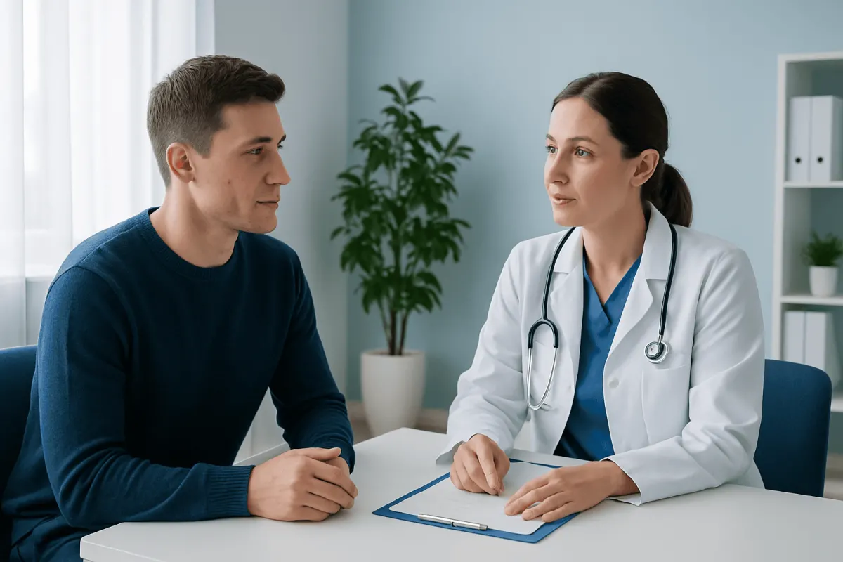 Doctor consulting with a young male patient in a medical office.