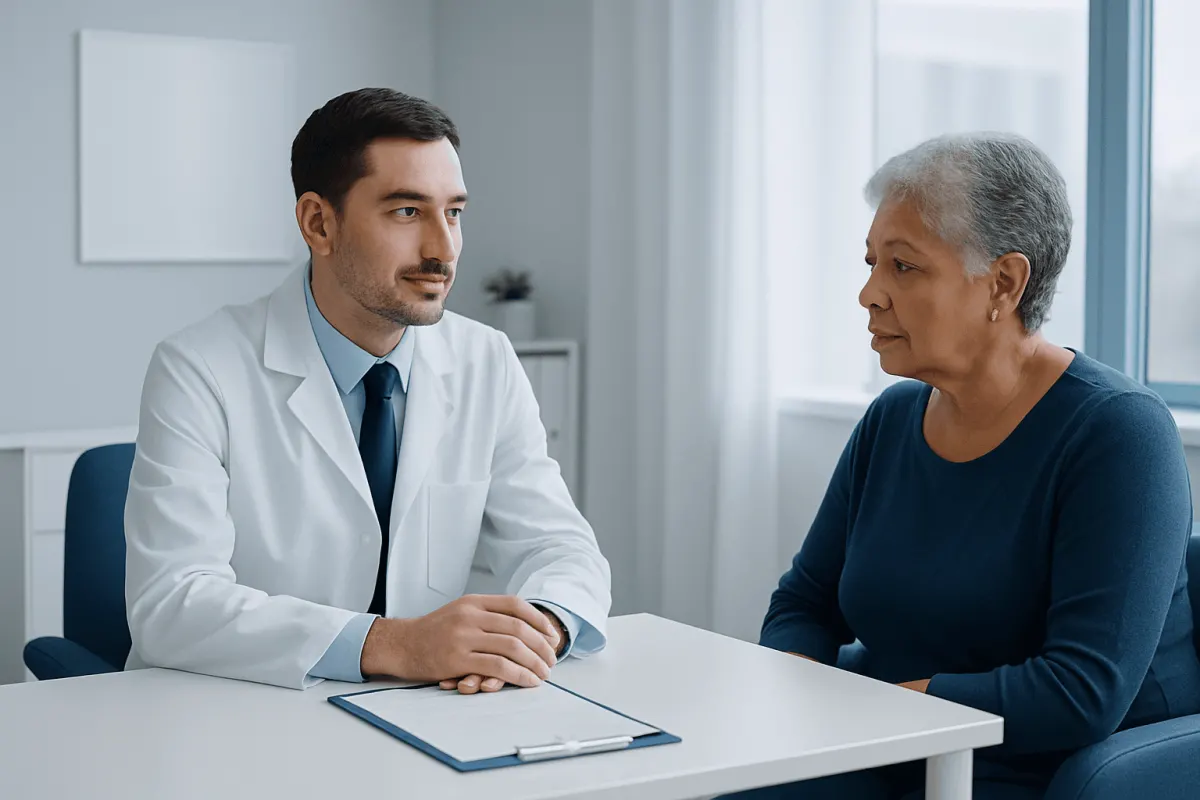 Doctor consulting with an elderly patient in a medical office.