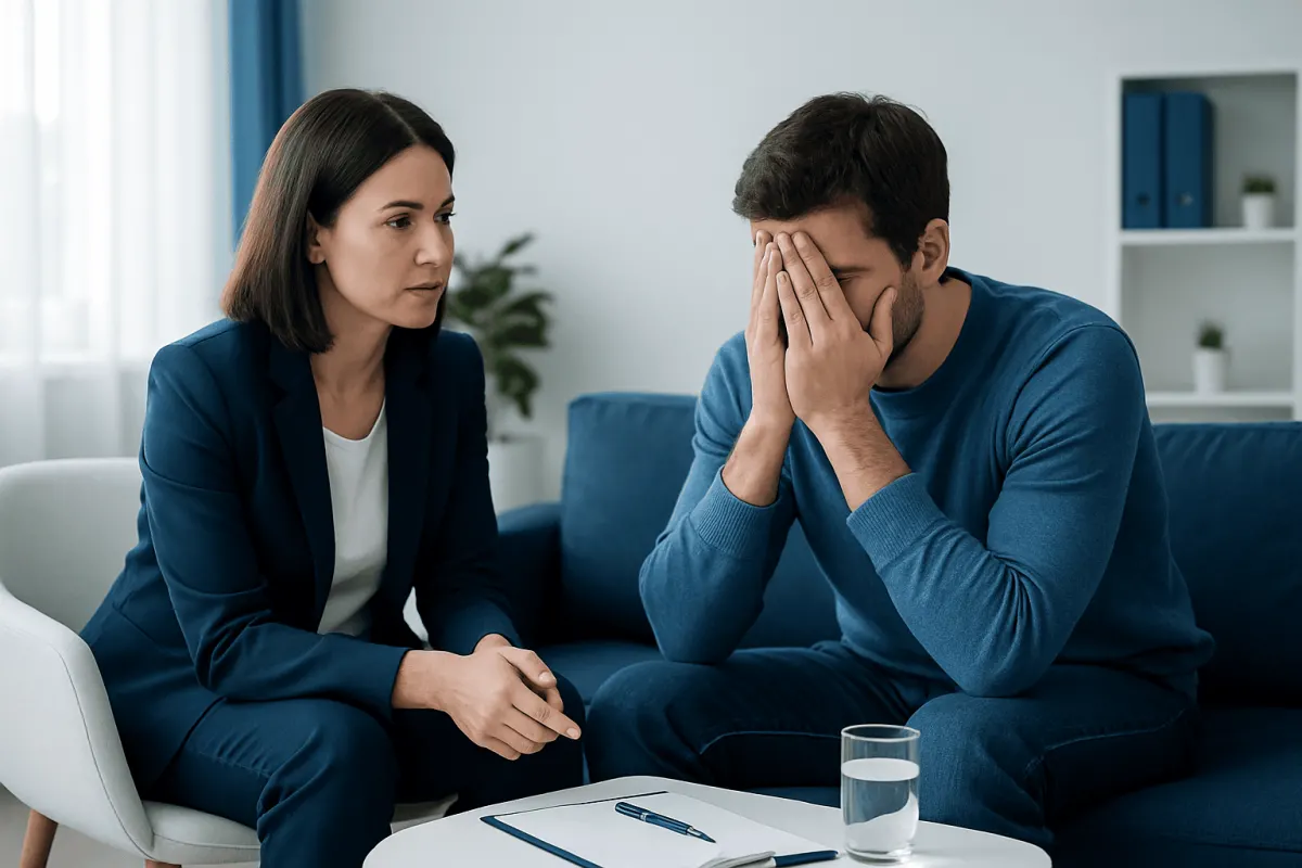 Therapist listening to a patient with anxiety or phobia symptoms.
