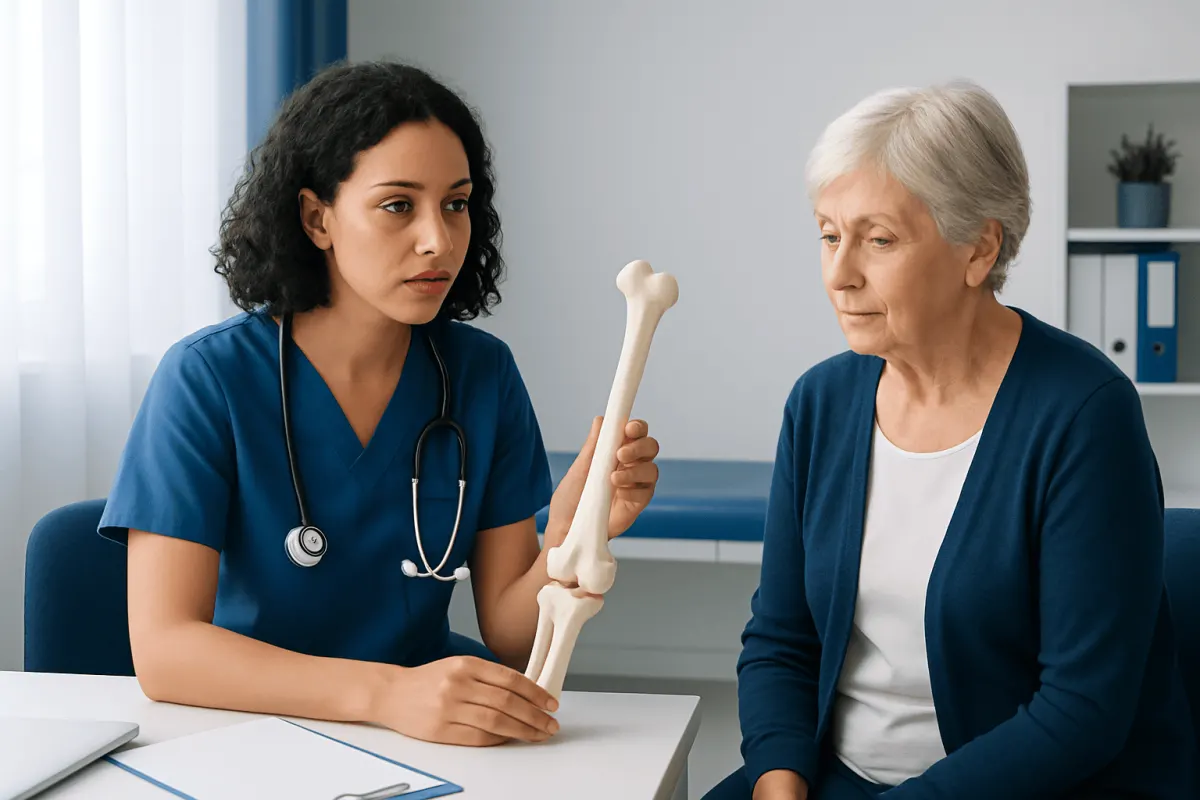 Medical professional explaining femur fracture to elderly patient with bone model.