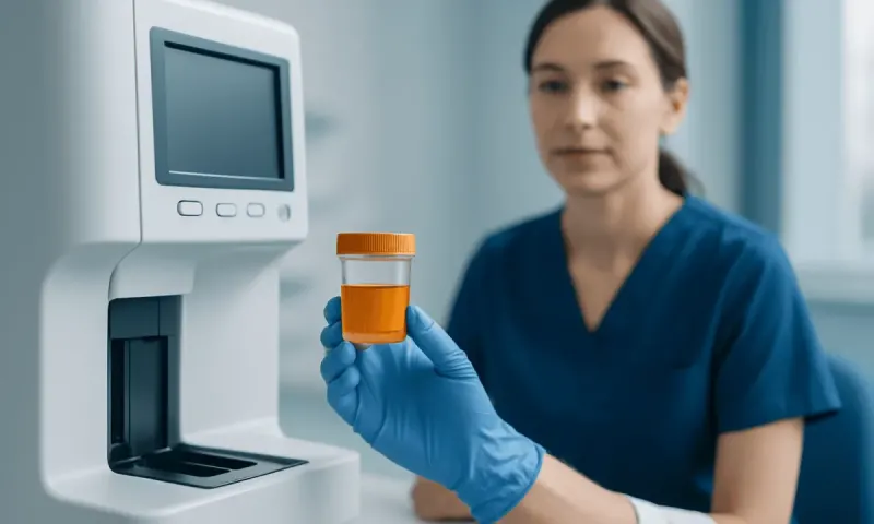 Urine test being conducted in a medical laboratory at Acibadem Hospitals Group.