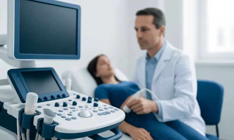 Doctor performing an ultrasound exam on a patient in a hospital room.