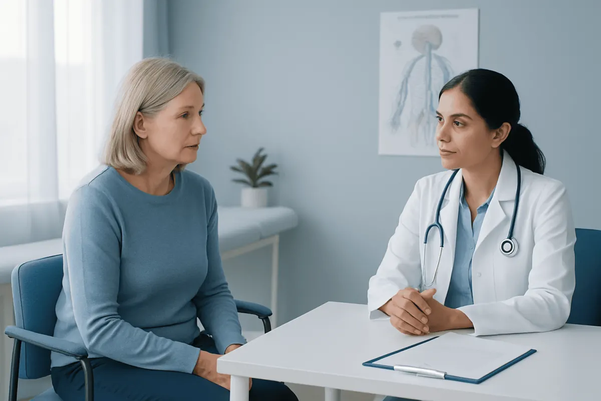 Doctor consulting with a female patient in a medical office setting.