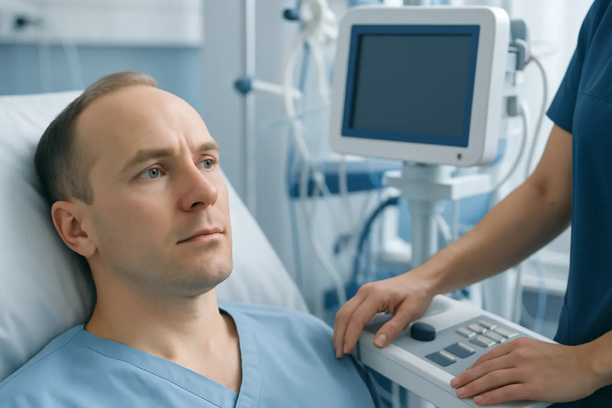 Patient undergoing neurological examination in hospital bed with medical equipment.