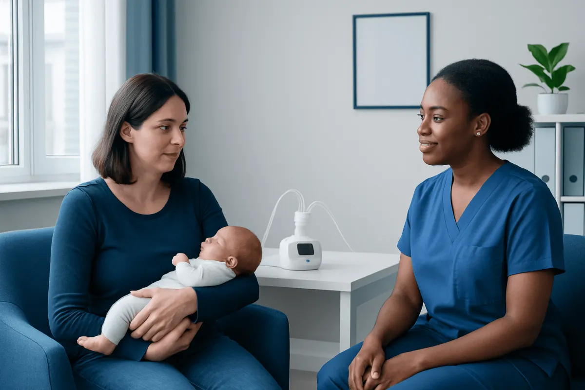 Mother with newborn and healthcare professional in a hospital room.