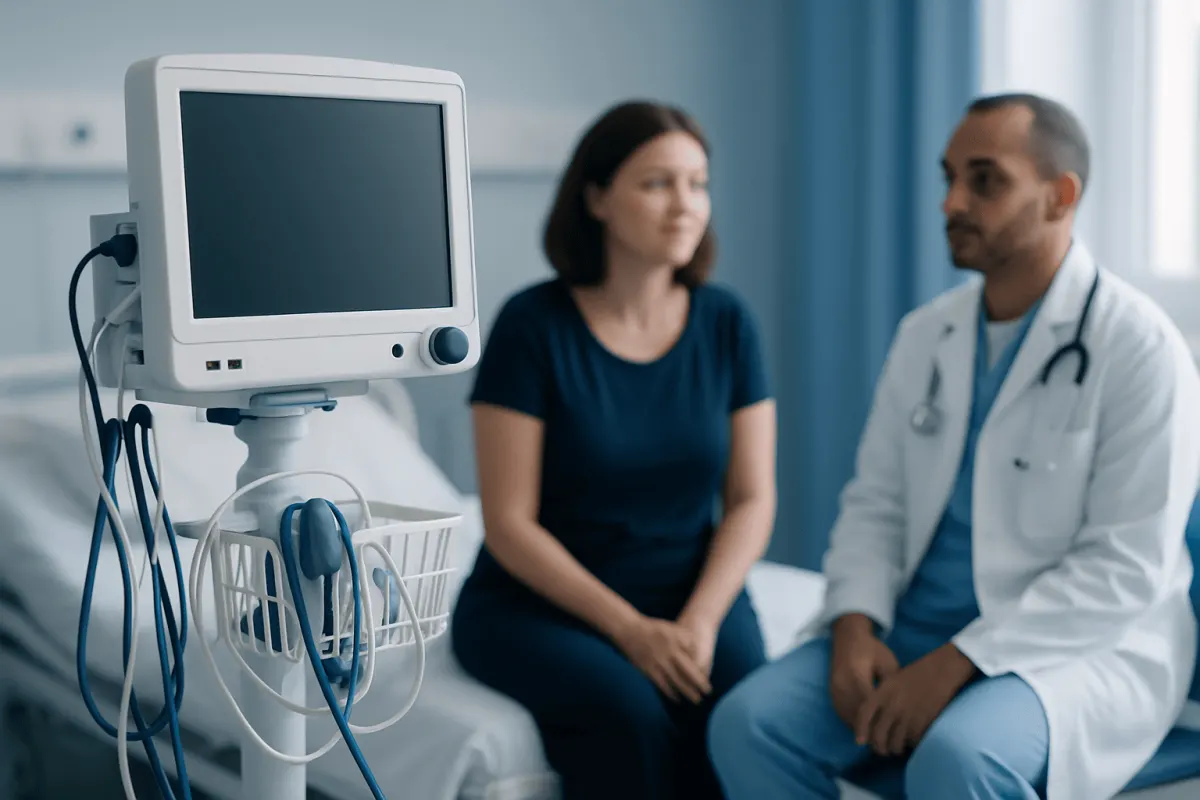 Doctor consulting with a patient in a hospital room with medical equipment.