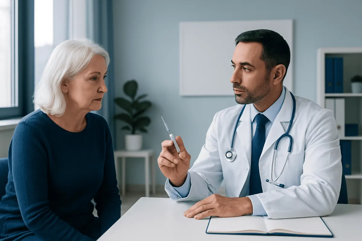 Doctor explaining treatment to an elderly woman in a medical consultation.