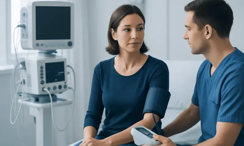 Doctor measuring patient's blood pressure in a clinical setting.