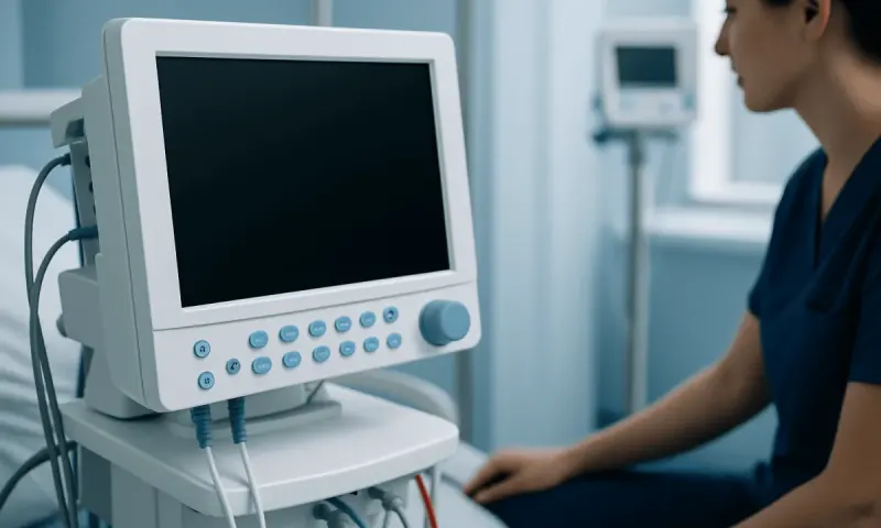 Medical monitor in a hospital room with a patient sitting nearby.