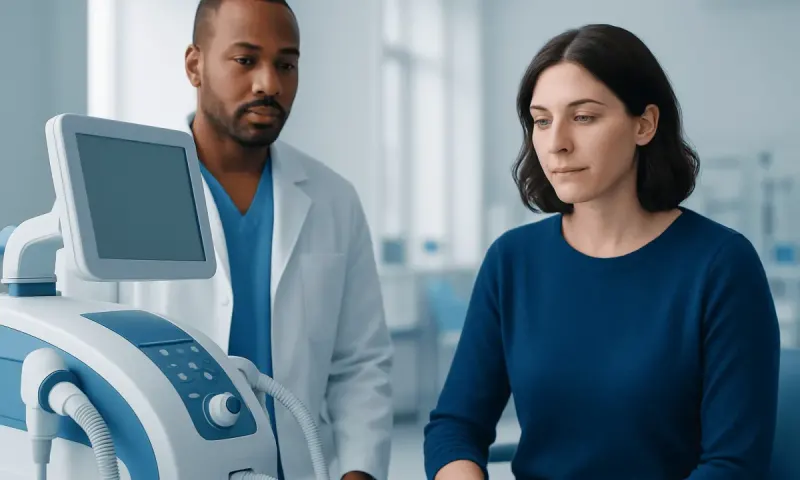 Medical consultation with a doctor and patient in a hospital setting.