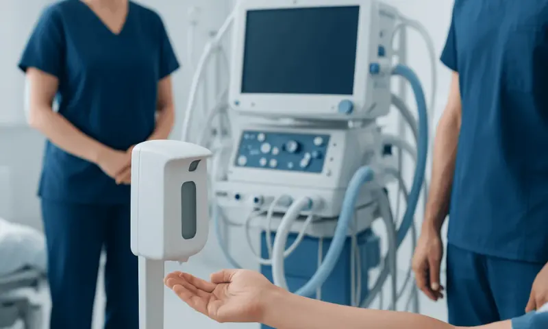 Hand sanitizer dispenser in a hospital setting with medical staff in background.