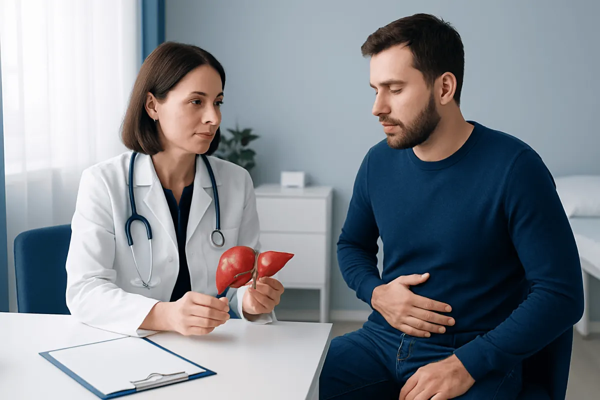 Doctor explaining liver health to a patient in a medical consultation.