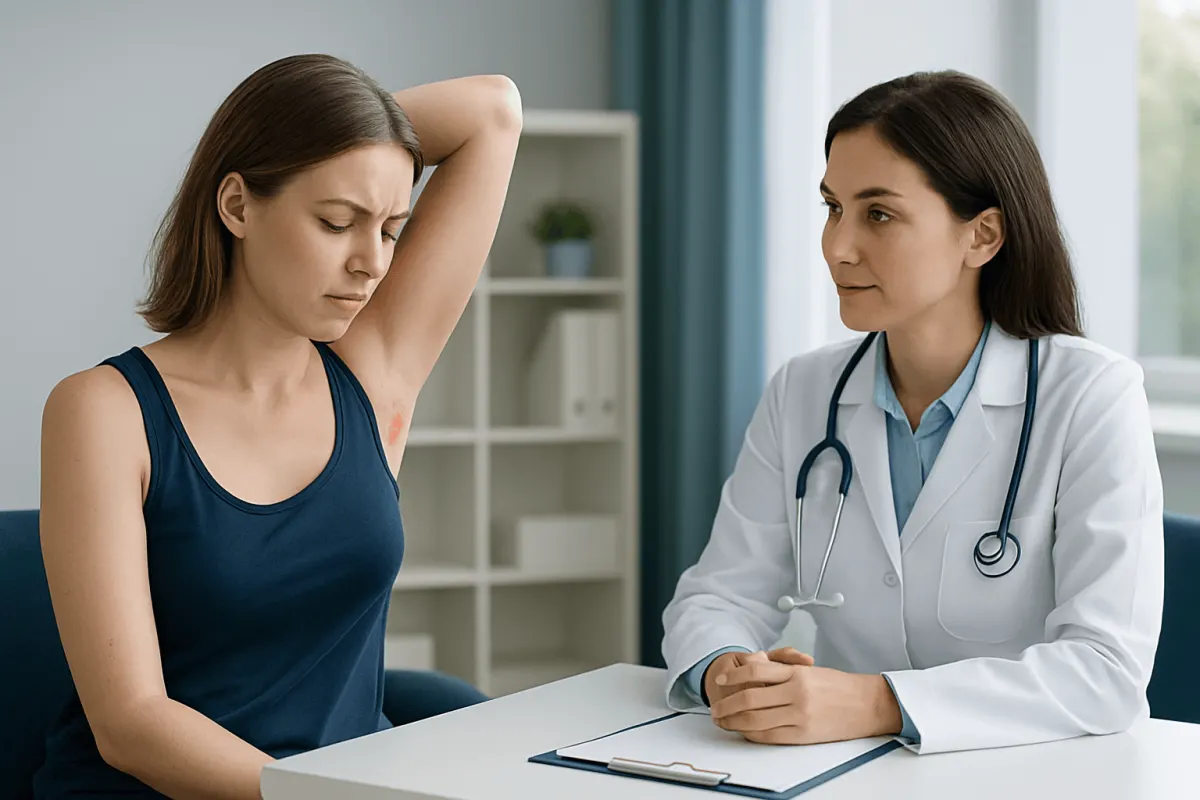 Doctor examining underarm of patient with herpes symptoms.