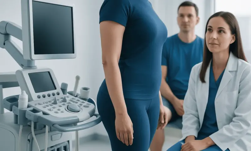 Medical consultation for hip fat reduction with ultrasound equipment in clinic.