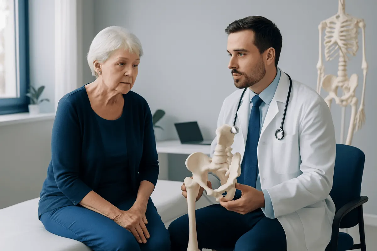 Doctor explaining hip anatomy to elderly woman in medical consultation room.