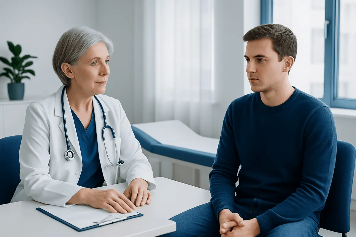Doctor consulting with young male patient in a modern hospital setting.