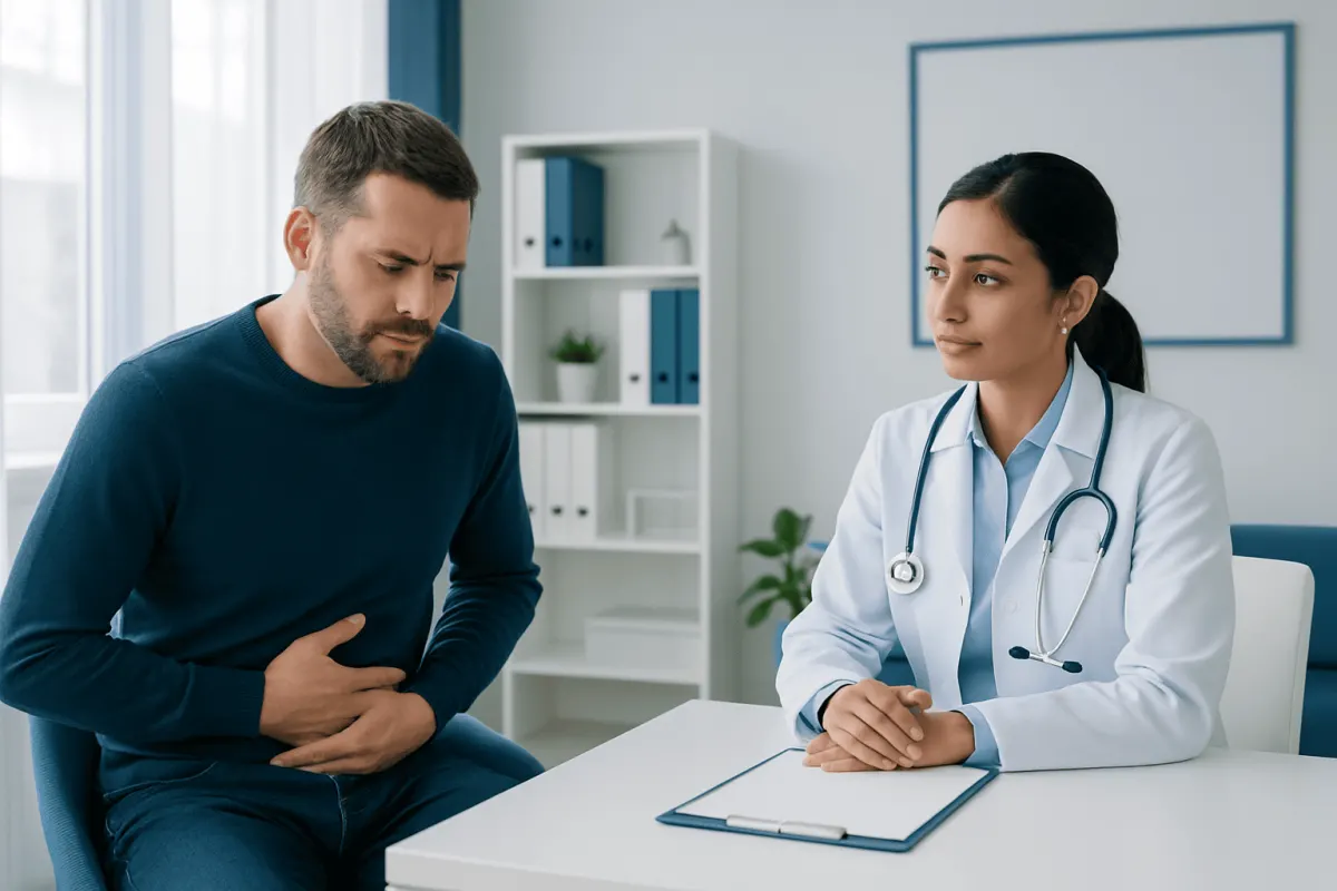 Doctor consulting with male patient in a medical office.