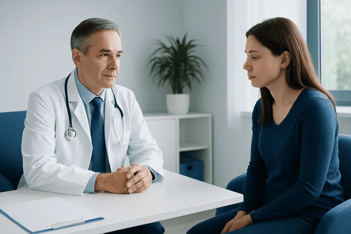 Doctor consulting with a female patient in a medical office setting.