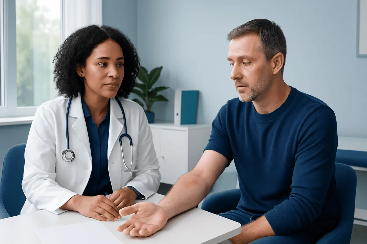 Doctor consulting patient about Id Reaction symptoms in a medical office.
