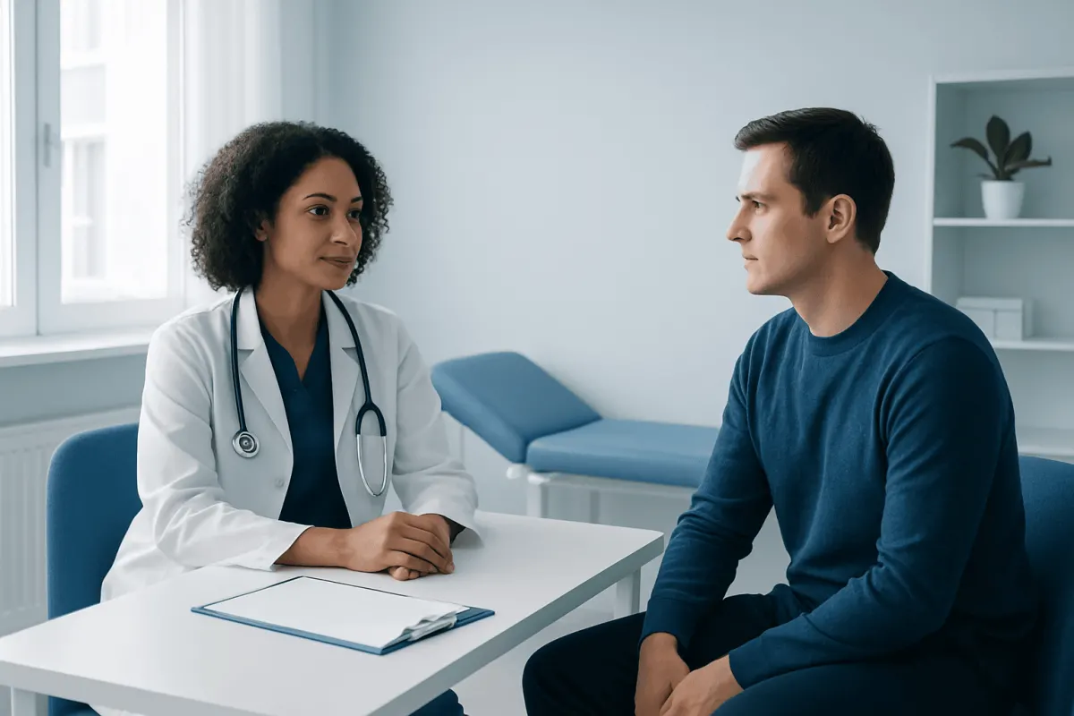 Doctor consulting with a male patient in a medical office.