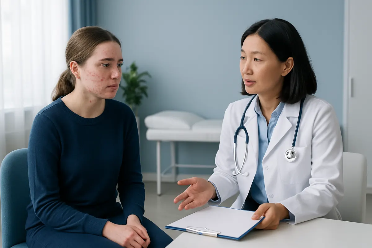 Doctor consulting with a young woman patient about acne treatment.