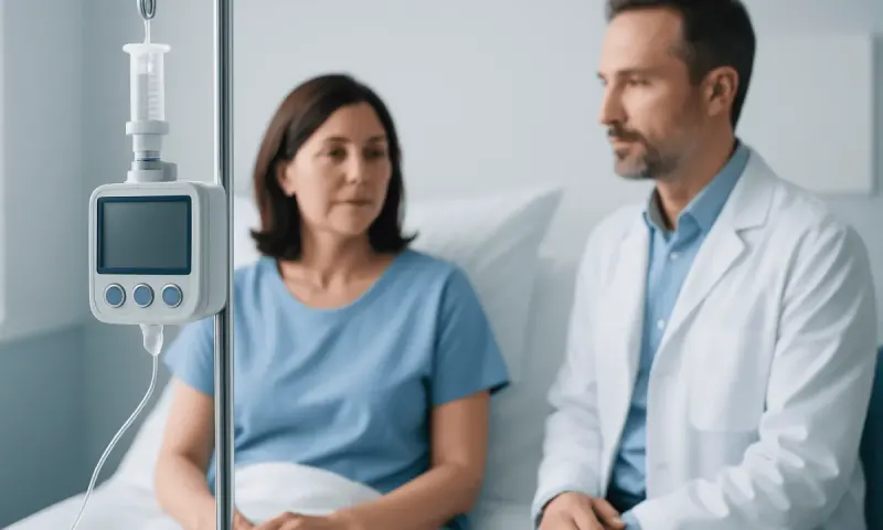 Doctor and patient in hospital room with IV drip and medical monitor.