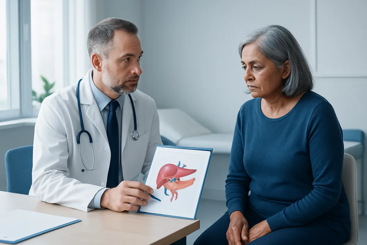 Doctor explaining pancreas health to an elderly woman with a 3D pancreas model.
