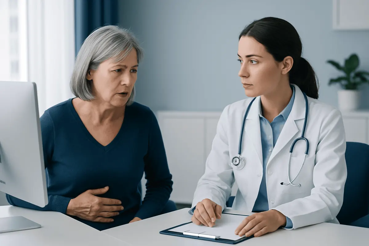 Doctor consulting with an older female patient in a medical office.