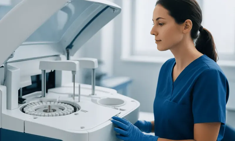 Laboratory technician operating a medical analyzer machine at Acibadem Hospitals.