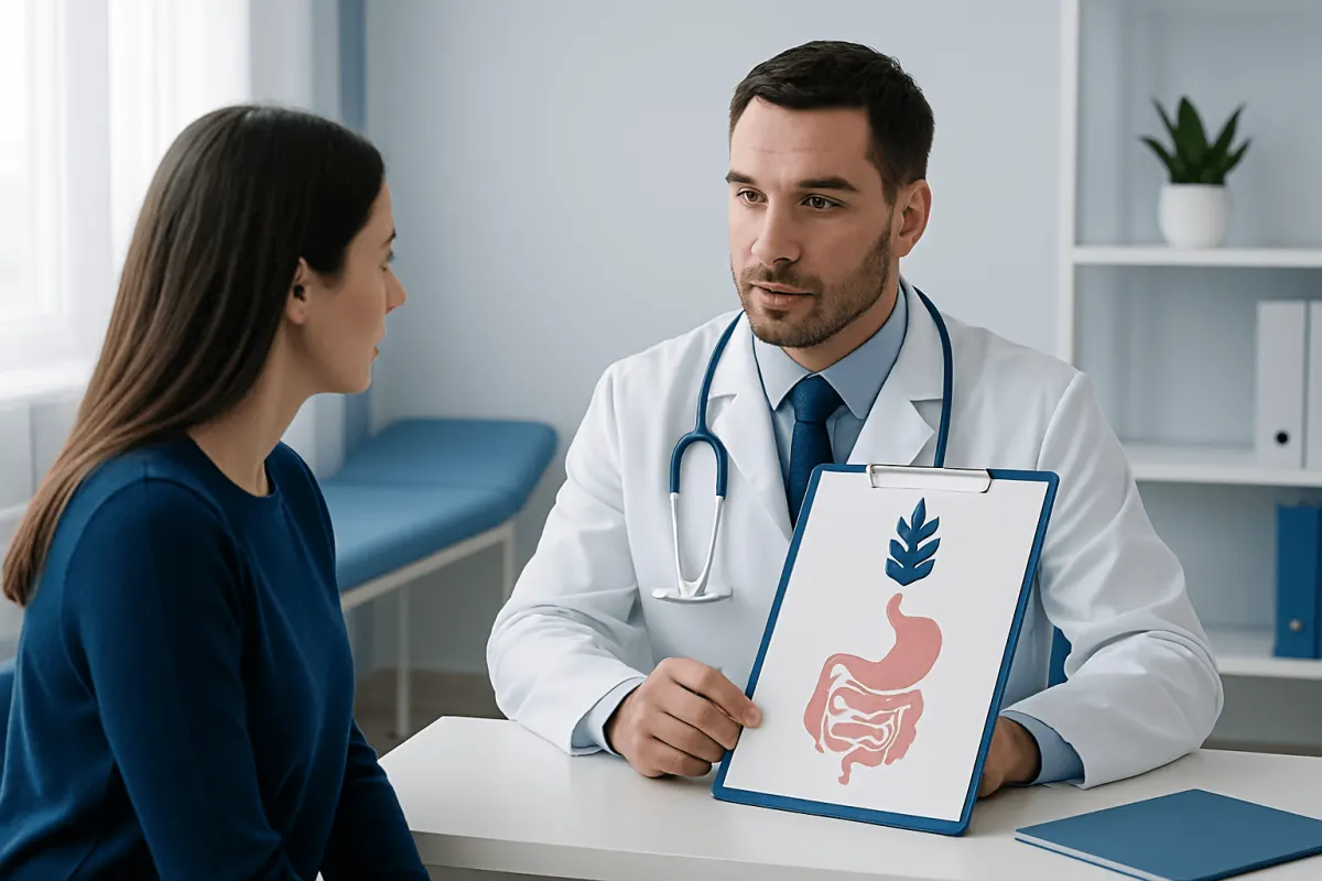 Doctor explaining digestive system to patient in medical consultation room.