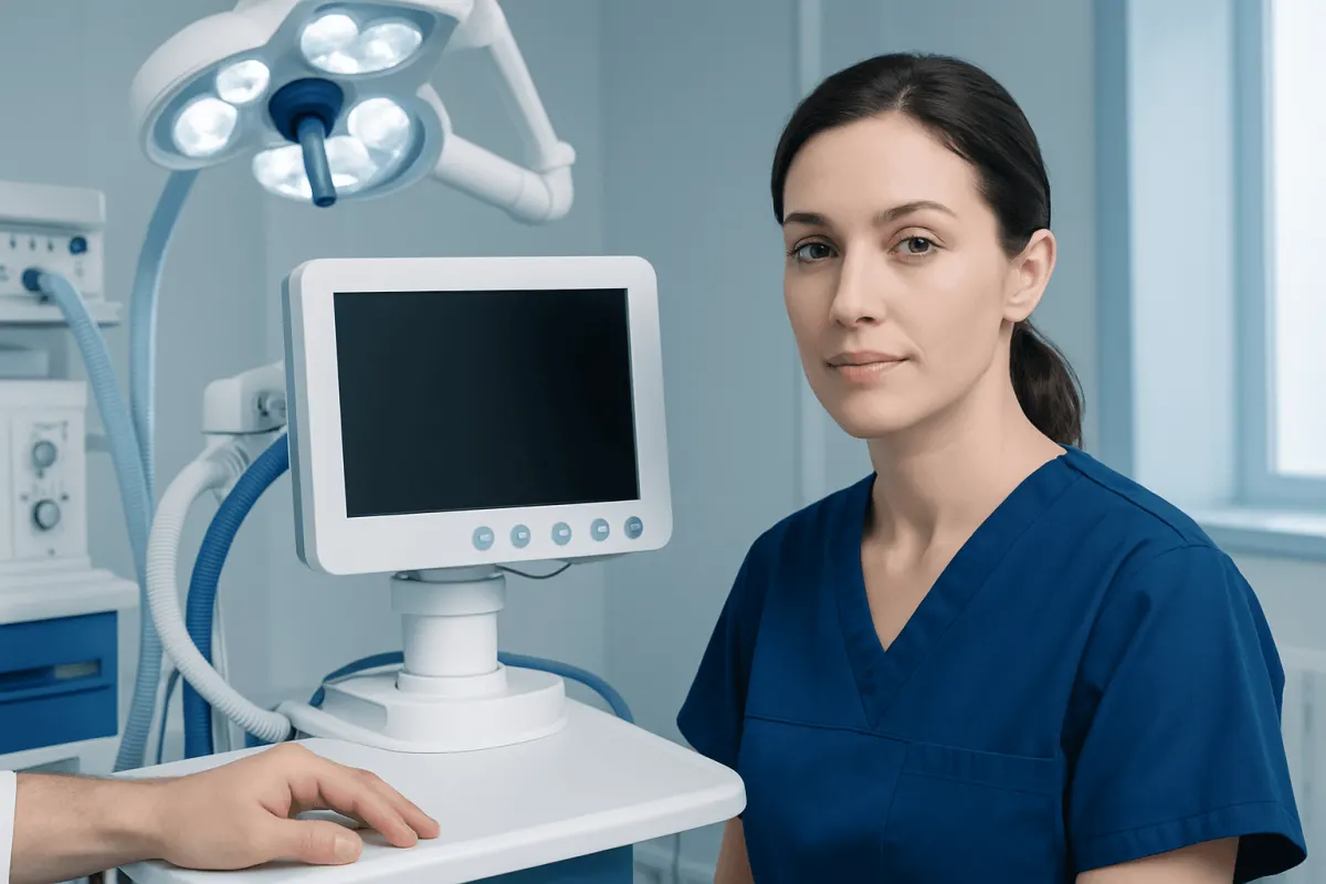 Medical professional in a clinical setting with advanced equipment.