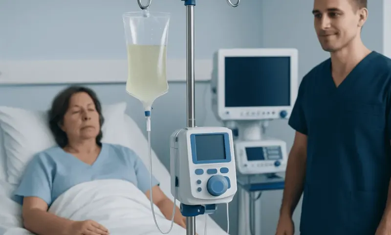 Patient in hospital bed with IV drip and medical staff nearby.