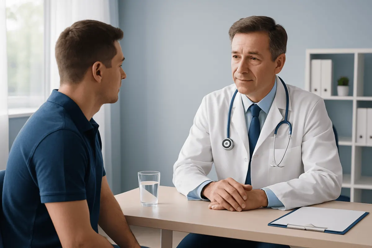Doctor consulting with a young male patient in a medical office.