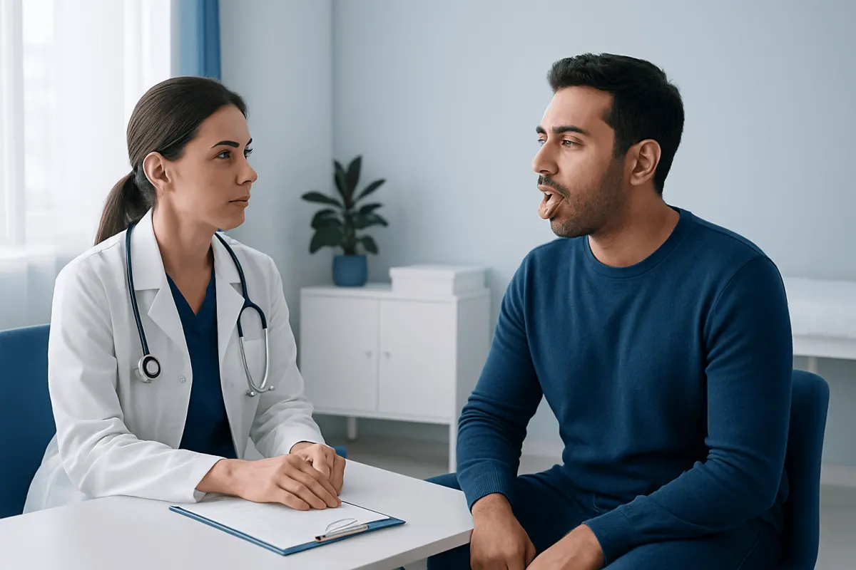 Doctor consulting with a male patient about tongue tie issues.