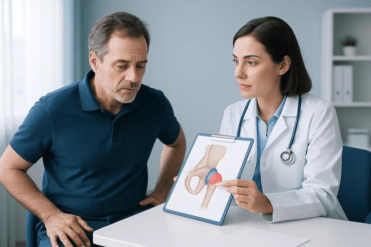 Doctor explaining trochanteric bursitis to a patient with a model of the hip.