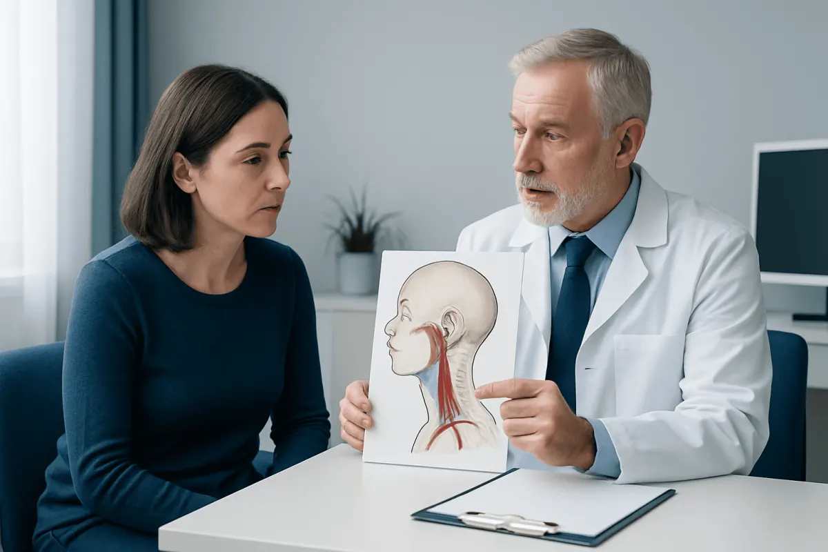 Doctor explains vertebral artery dissection with anatomical diagram to patient.