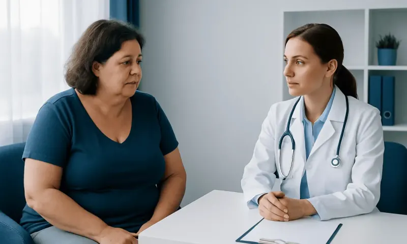 Doctor consulting with a patient about health concerns in a medical office.