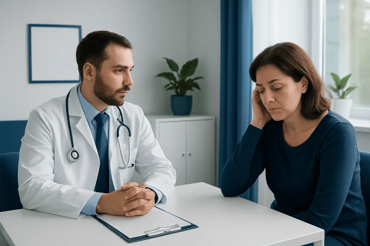 Doctor consulting with a woman patient in a medical office.