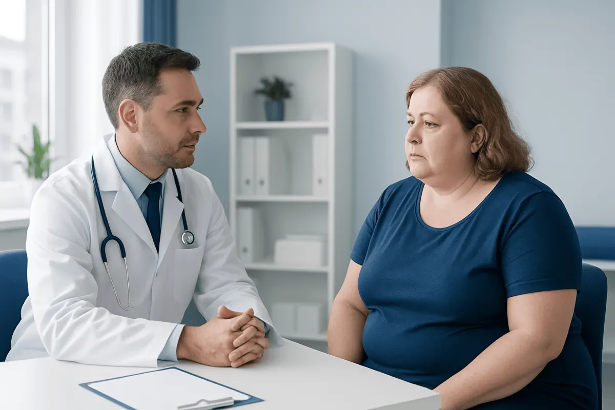 Doctor consulting with a woman patient in a medical office.