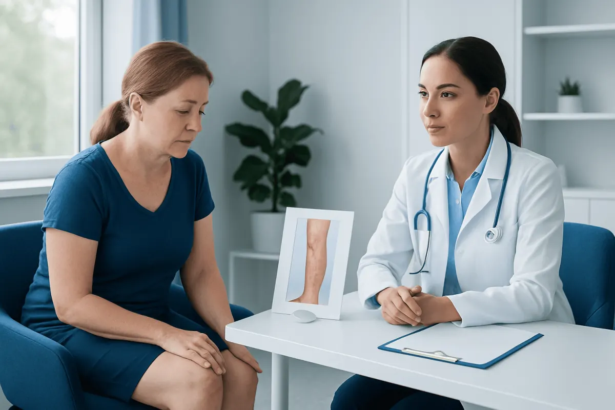Doctor consulting with patient about leg condition in a medical office.