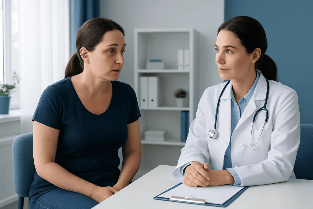 Doctor consulting with patient about skin condition in clinic.