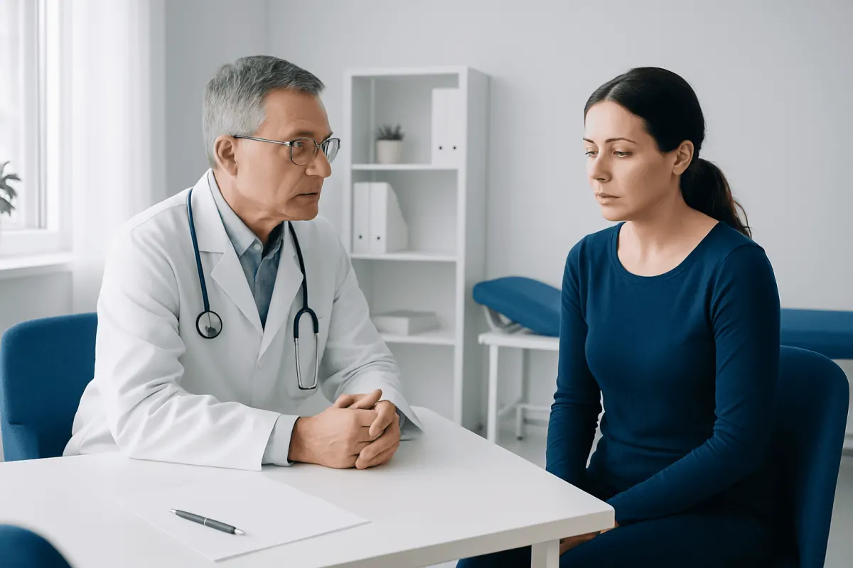 Doctor consulting with a female patient in a medical office.