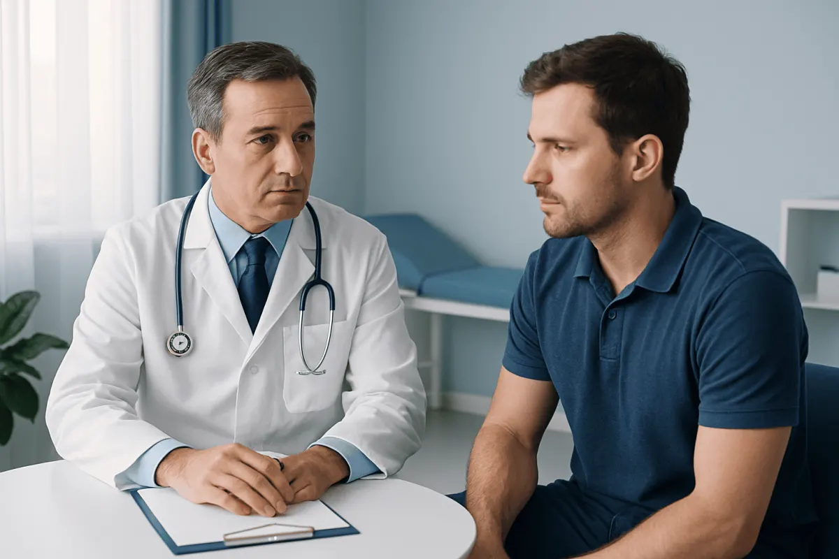 Doctor consulting with a male patient in a medical office.