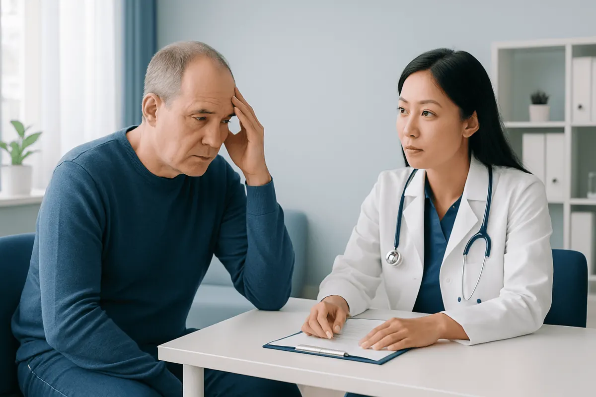 Doctor consulting with a male patient about stroke symptoms in a medical office.