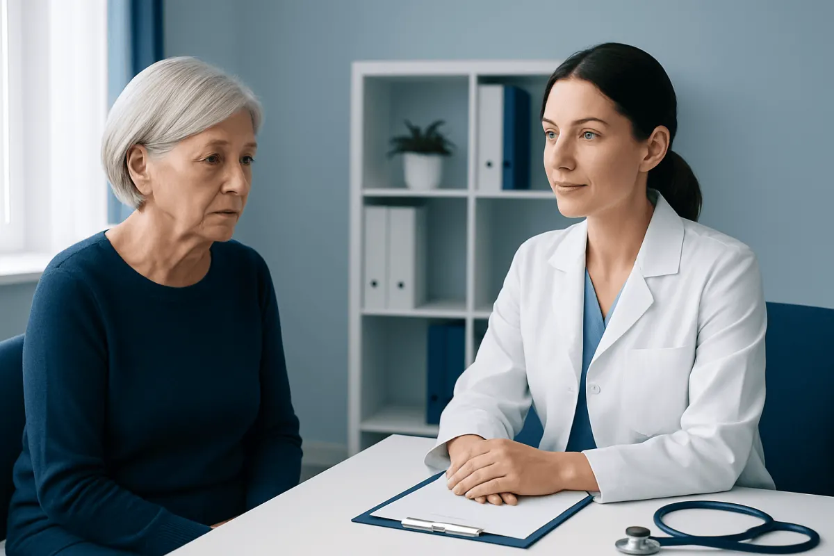 Doctor consulting with elderly woman in a medical office setting.