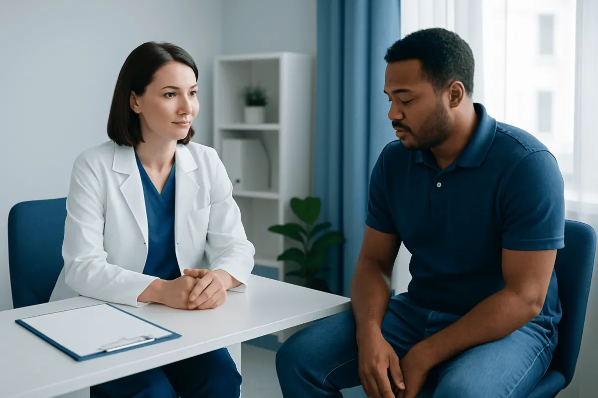 Doctor consulting with a patient in a medical office setting.