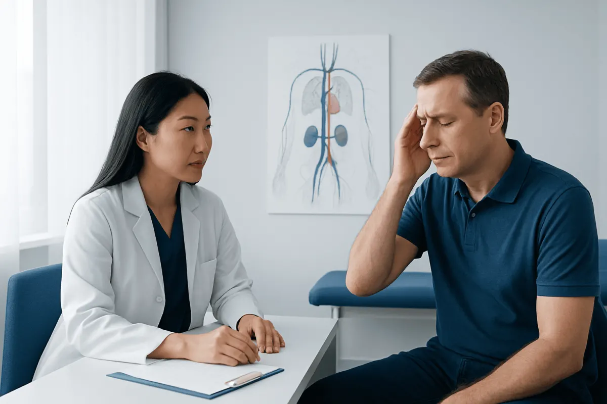 Doctor consulting with patient about dizziness and dehydration symptoms.
