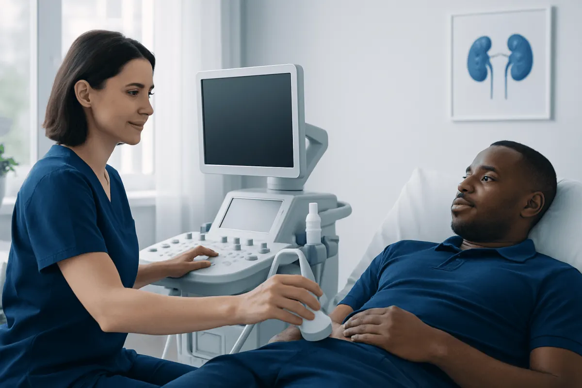 Medical professional performing renal ultrasound on patient in hospital room.