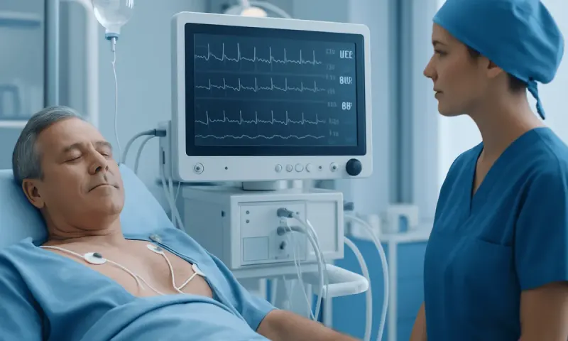 Patient undergoing cardiac monitoring in hospital with medical staff present.