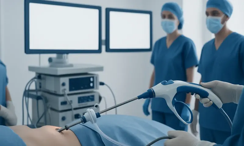 Medical professionals performing a laparoscopic procedure in an operating room.